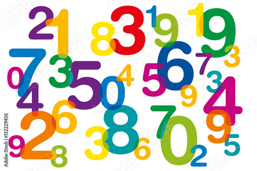 Floating and overlapping colored numbers as symbol for numerology or flood of data. Ten numbers from one to zero disorganized and of different sizes. Isolated illustration on white background. Vector.