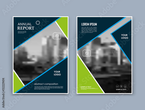 Abstract a4 brochure cover design. Text frame surface. Urban city view font. Title sheet model. Vector front page. Ad banner texture. Green, blue triangle figure icon. Square image block. Flyer fiber