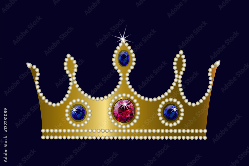 Obraz premium Gold crown on dark background ruby sapphire pearls. Vector