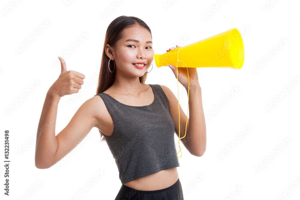Beautiful young Asian woman announce with megaphone Beautiful young Asian woman announce with megaphone
