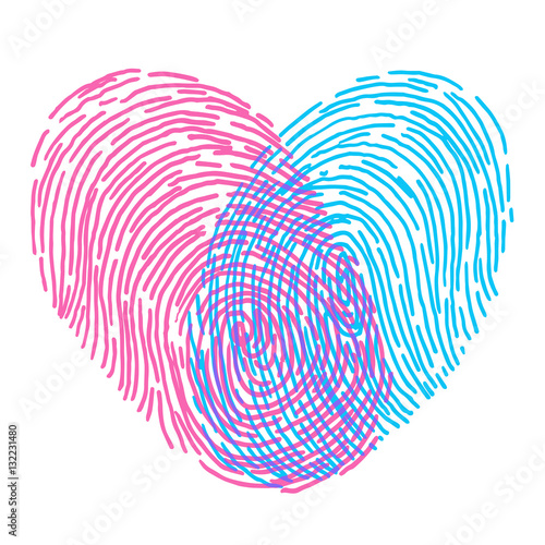 Valentines day design. Vector fingerprint sketch with heart. Hand drawn outline illustration with human finger print with pink and blue heart shape