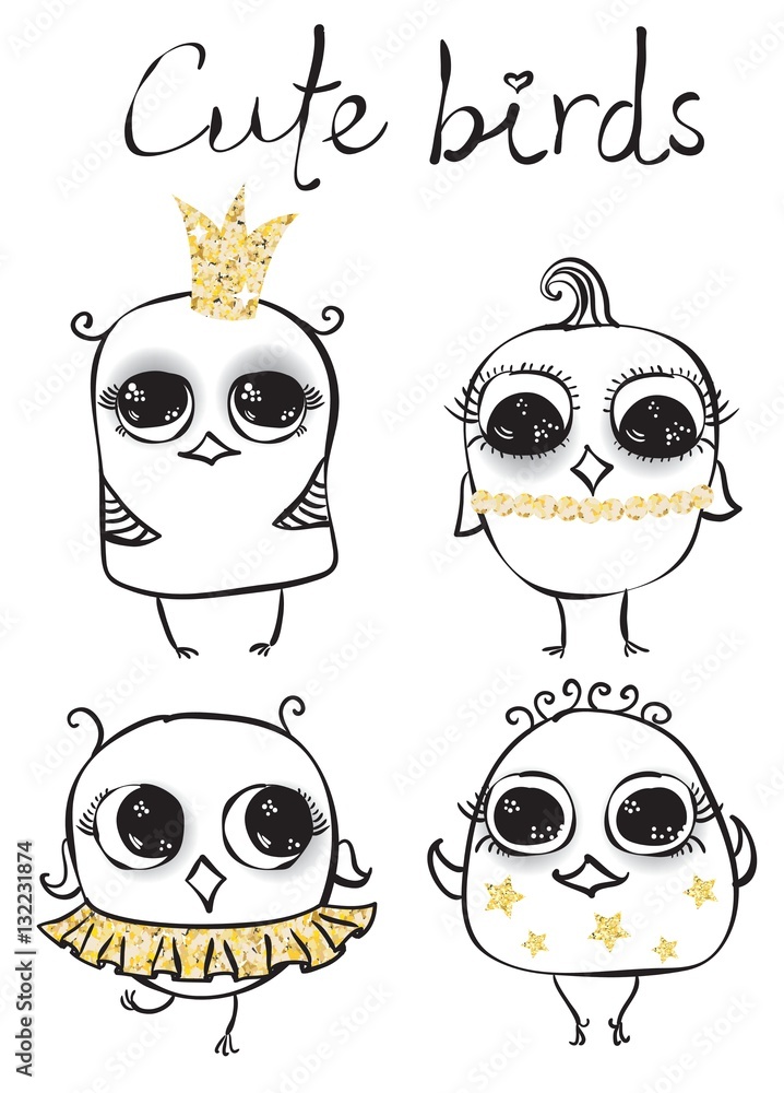 Fototapeta premium Cute little birds. Vector trendy hipster style for greeting card design, t-shirt print, inspiration poster