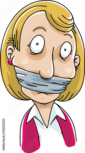A cartoon woman with a gag over her mouth to prevent her from speaking.