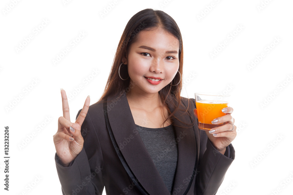 Young Asian woman show victory sign drink orange juice. Young Asian woman show victory sign drink orange juice.