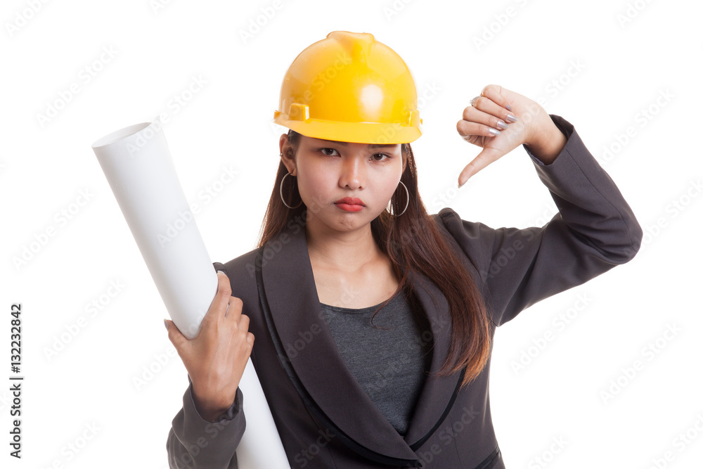 Asian engineer woman thumbs down with blueprints. Asian engineer woman thumbs down with blueprints.
