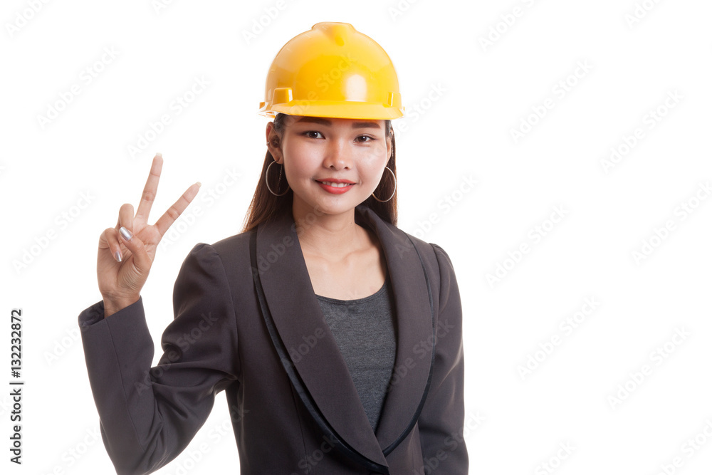 Asian engineer woman show Victory sign. Asian engineer woman show Victory sign.