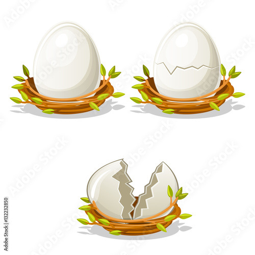 Cartoon funny Egg in birds nest of twigs. Normal, damaged and broken