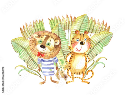 a lion and a tiger, pineapple, banana, watercolor