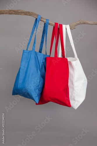 Colorful shopping bags hanging on tree branch