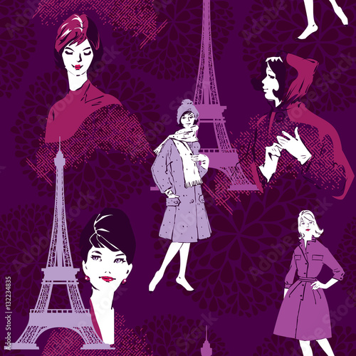Seamless pattern with retro Fashion Woman portraits and city lan