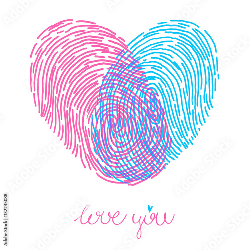 Valentines day design. Vector fingerprint sketch with heart. Hand drawn outline illustration with human finger print with pink and blue heart shape and text I love you