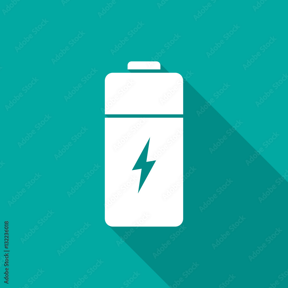 Obraz premium Battery icon with long shadow. Flat design style. Battery silhouette. Simple icon. Modern flat icon in stylish colors. Web site page and mobile app design element.