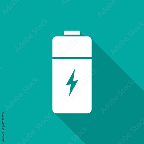 Battery icon with long shadow. Flat design style. Battery silhouette. Simple icon. Modern flat icon in stylish colors. Web site page and mobile app design element.