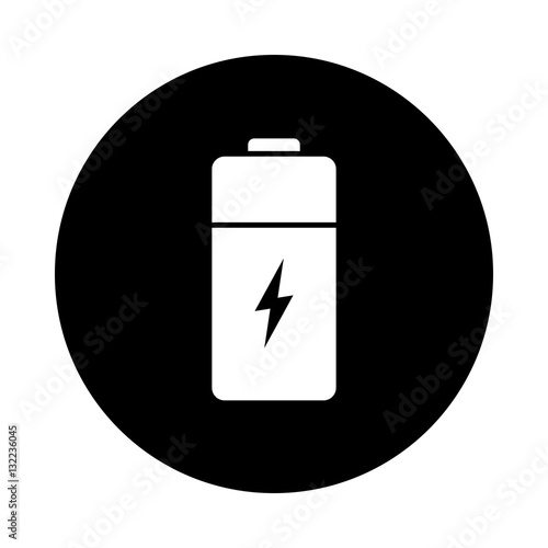 Battery icon. Black icon isolated on white background. Round icon. Battery silhouette. Simple circle icon. Web site page and mobile app design vector element.