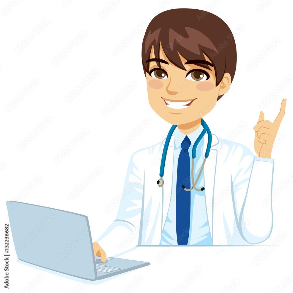 Young confident male doctor giving advice making up pointing finger gesture and using laptop computer