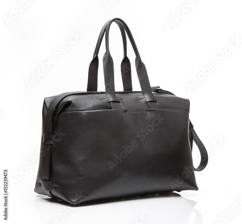 Black leather men travel bag on a white background