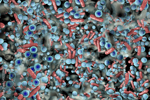 Biofilm of antibiotic resistant bacteria. Rod-shaped and spherical bacteria. Escherichia coli, Pseudomonas, Mycobacterium tuberculosis, Klebsiella, Staphylococcus aureus, MRSA. 3D illustration photo