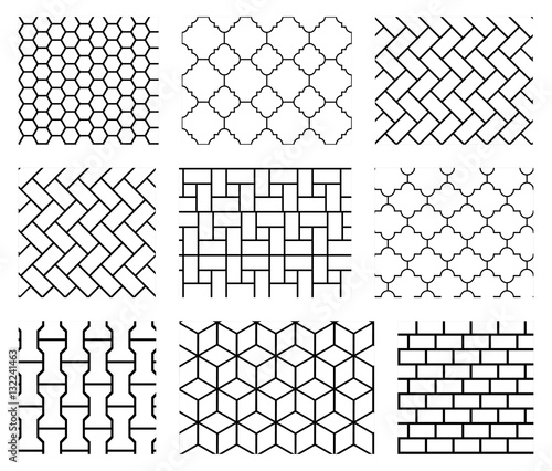 Set of vector tile seamless patterns in black and white