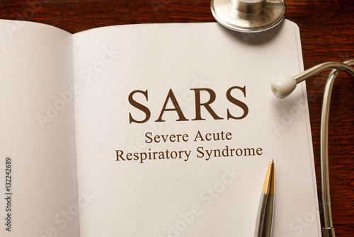 Foto Page with SARS (Severe Acute Respiratory Syndrome),on the table with stethoscope