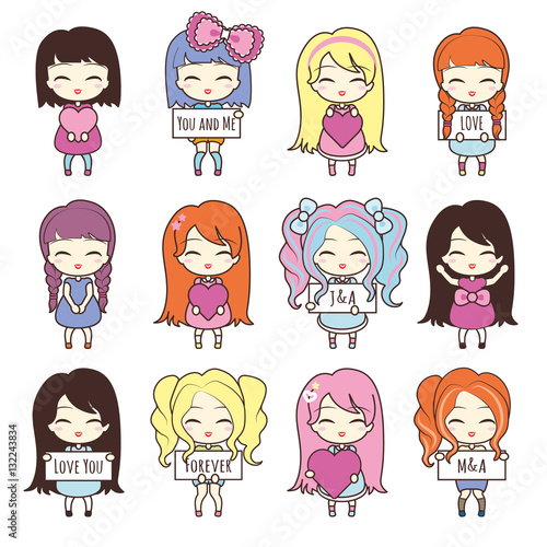 Set collections of cute girls holding hearts and frames.
