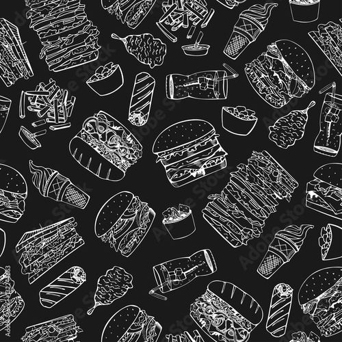 Fast food seamless pattern in doodle style.