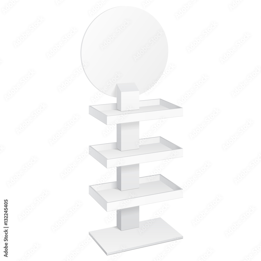 Retail Shelves Floor Display Rack For Supermarket Blank Empty Displays With Banner Products Mock Up. 3D On White Background Isolated. Ready For Your Design. Product Advertising. Vector EPS10 Retail Shelves Floor Display Rack For Supermarket Blank Empty Displays With Banner Products Mock Up. 3D On White Background Isolated. Ready For Your Design. Product Advertising. Vector EPS10