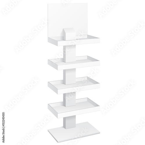 Retail Shelves Floor Display Rack For Supermarket Blank Empty Displays With Banner Products Mock Up. 3D On White Background Isolated. Ready For Your Design. Product Advertising. Vector EPS10
