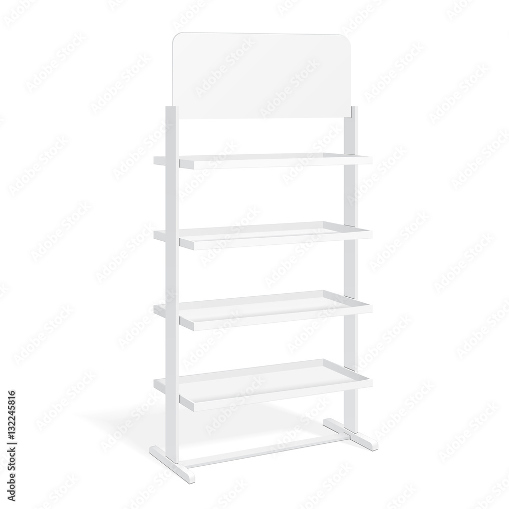 Retail Shelves Floor Display Rack For Supermarket Blank Empty Displays With Banner Products Mock Up. 3D On White Background Isolated. Ready For Your Design. Product Advertising. Vector EPS10 Retail Shelves Floor Display Rack For Supermarket Blank Empty Displays With Banner Products Mock Up. 3D On White Background Isolated. Ready For Your Design. Product Advertising. Vector EPS10