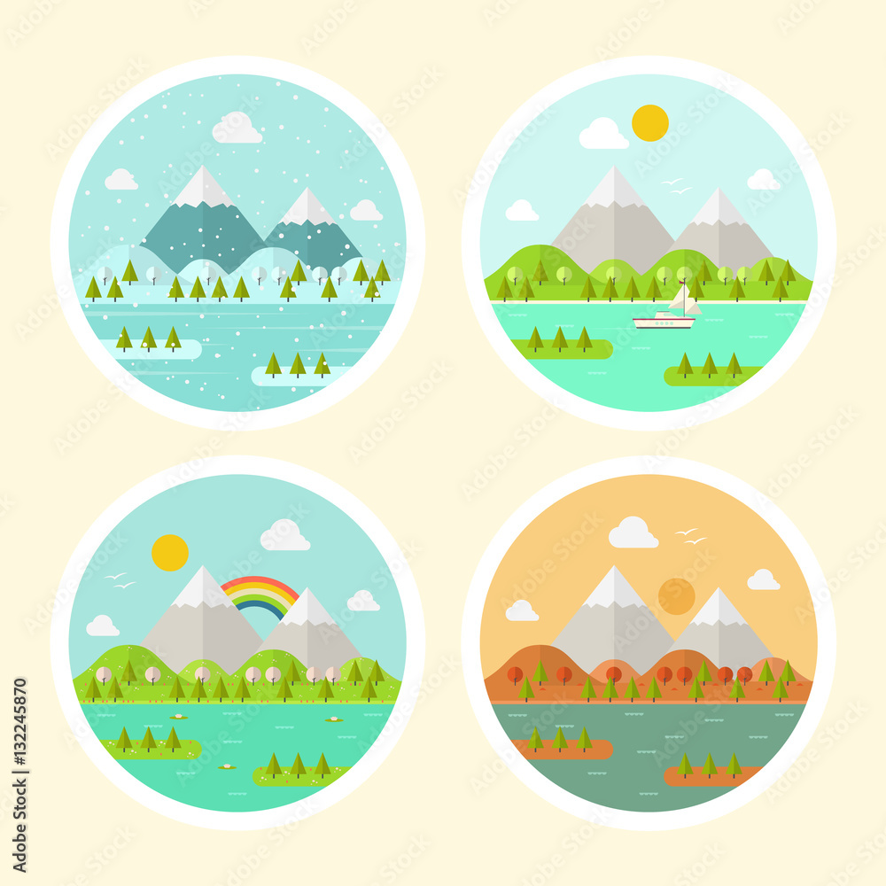 Vector Illustration of a Circle Landscape Icons. Four Different Seasons ...
