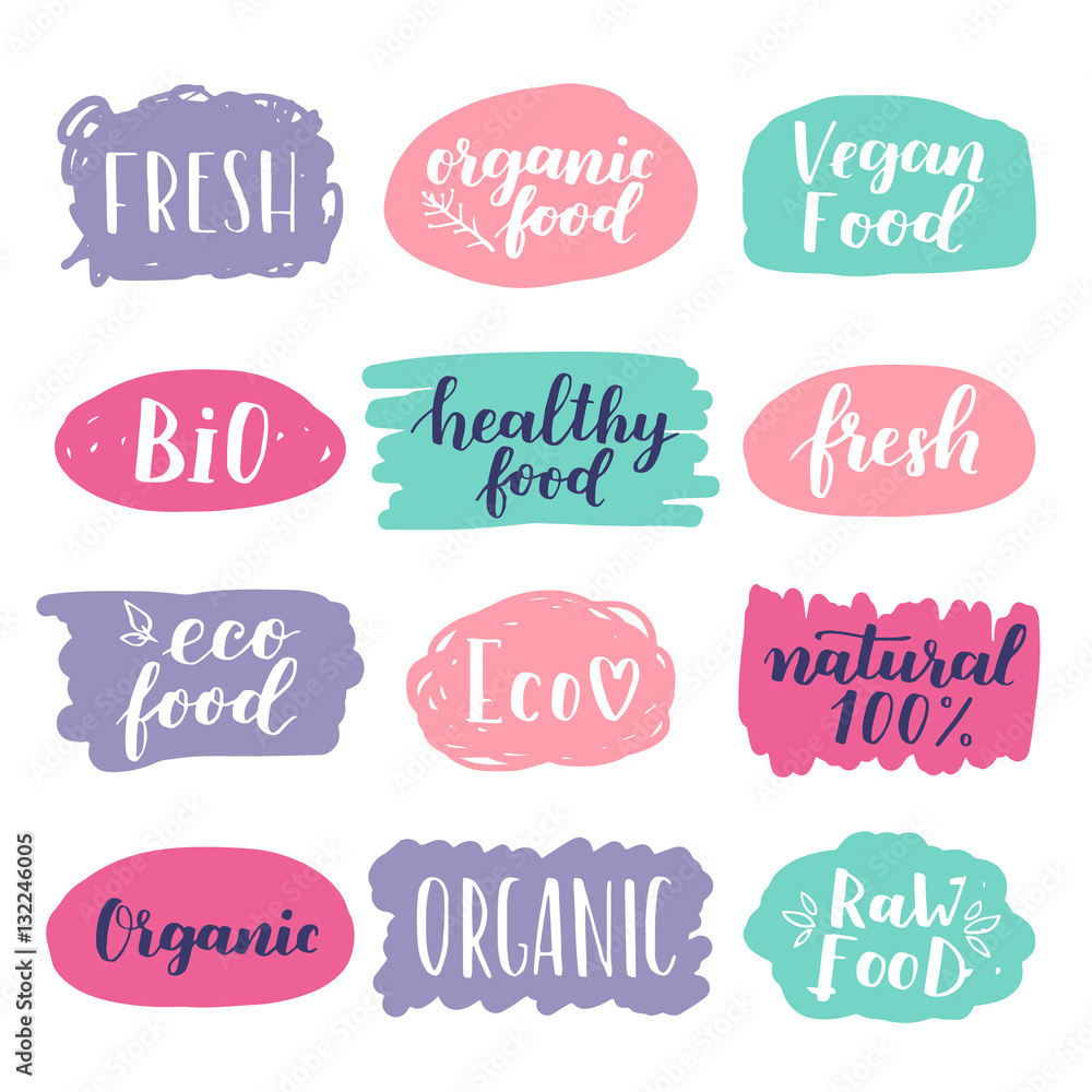 Labels with vegetarian and raw food diet designs. Organic food tags and elements set for meal and drink, cafe, restaurants and organic products packaging. Vector illustrated bio detox logo. Labels with vegetarian and raw food diet designs. Organic food tags and elements set for meal and drink, cafe, restaurants and organic products packaging. Vector illustrated bio detox logo.
