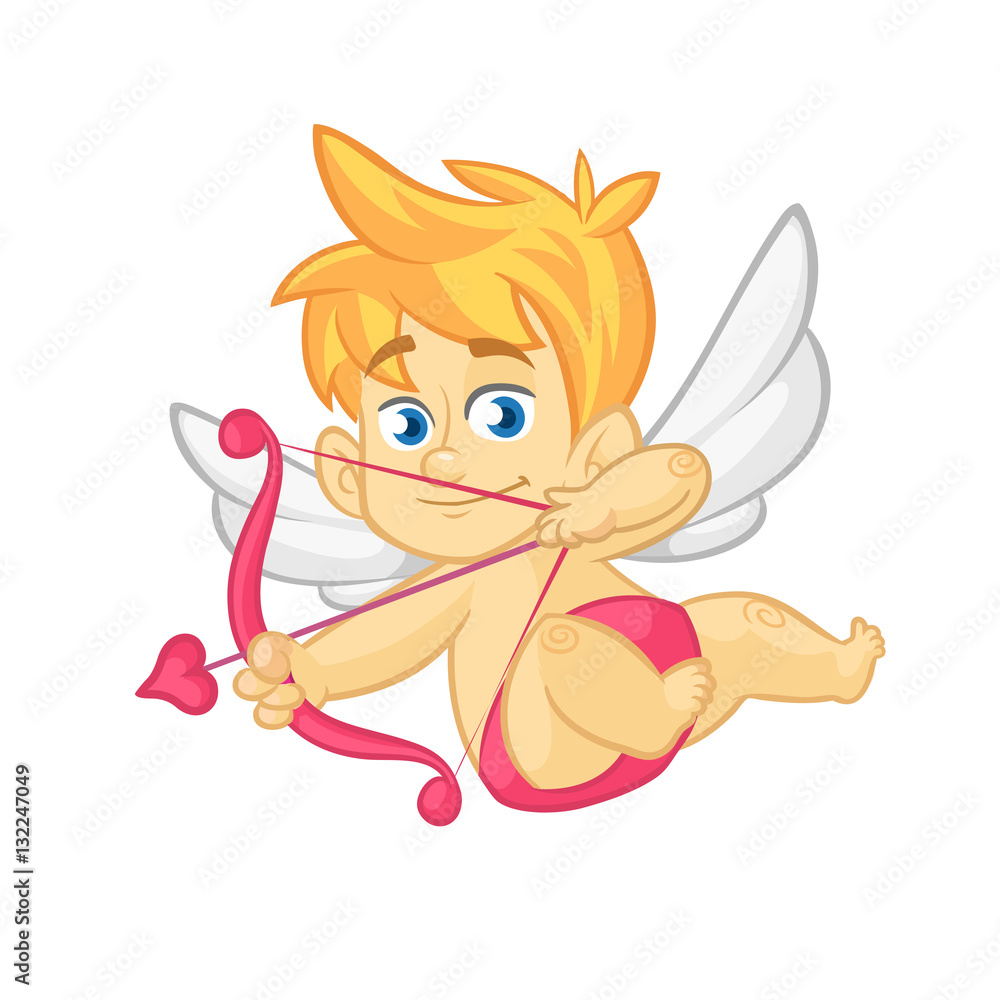 Funny little Cupid aiming at someone with an arrow of love. Cartoon illustration of a Valentine's Day. Vector. Isolated on white background Funny little Cupid aiming at someone with an arrow of love. Cartoon illustration of a Valentine's Day. Vector. Isolated on white background