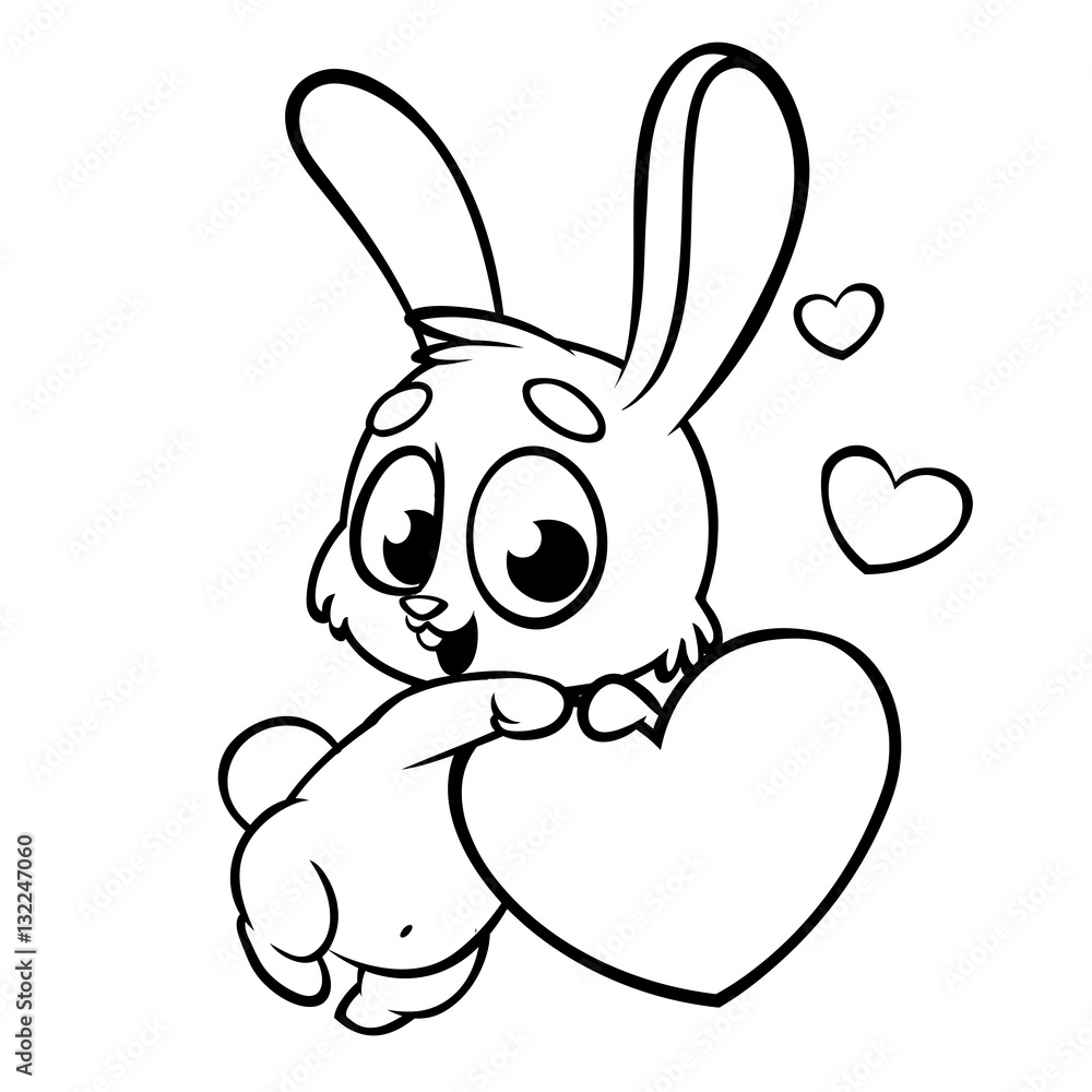 Funny cute outlined bunny with heart love vector cartoon. Colloring illustration can be used as print or card for St Valentines Day Funny cute outlined bunny with heart love vector cartoon. Colloring illustration can be used as print or card for St Valentines Day