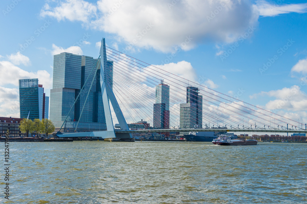 ROTTERDAM, Netherlands - APRIL 12, 2016: The Erasmus Bridge is a combined cable-stayed and bascule bridge in the centre of Rotterdam, The bridge was named after Desiderius Erasmus.