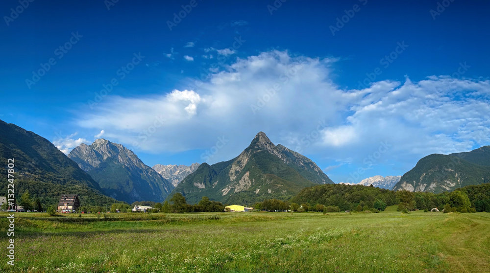 Panoramic view of idyllic mountain valley, Bovec, Slovenian Alps