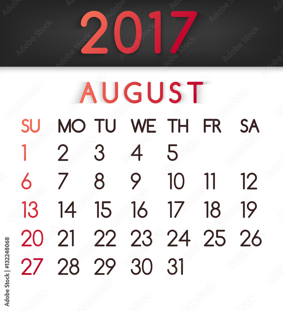 August 2017 calendar vector in a flat style in red tones. August 2017 calendar vector in a flat style in red tones.