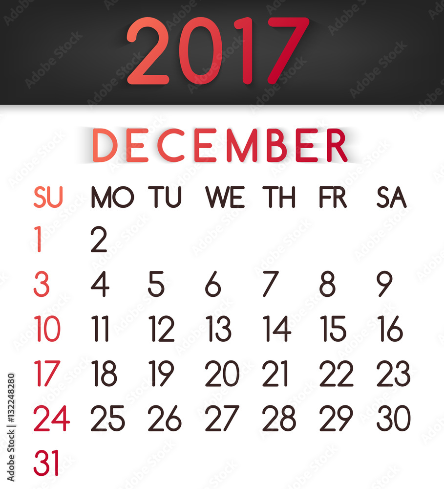 December 2017 calendar vector in a flat style in red tones. December 2017 calendar vector in a flat style in red tones.