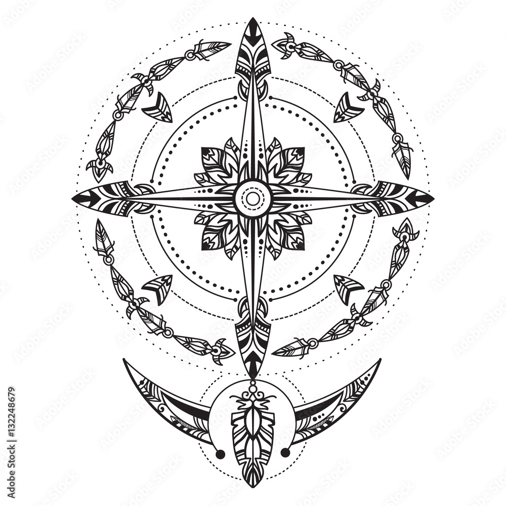 Bohemian compass. Compass in a vintage boho and tribal style. Vector ...