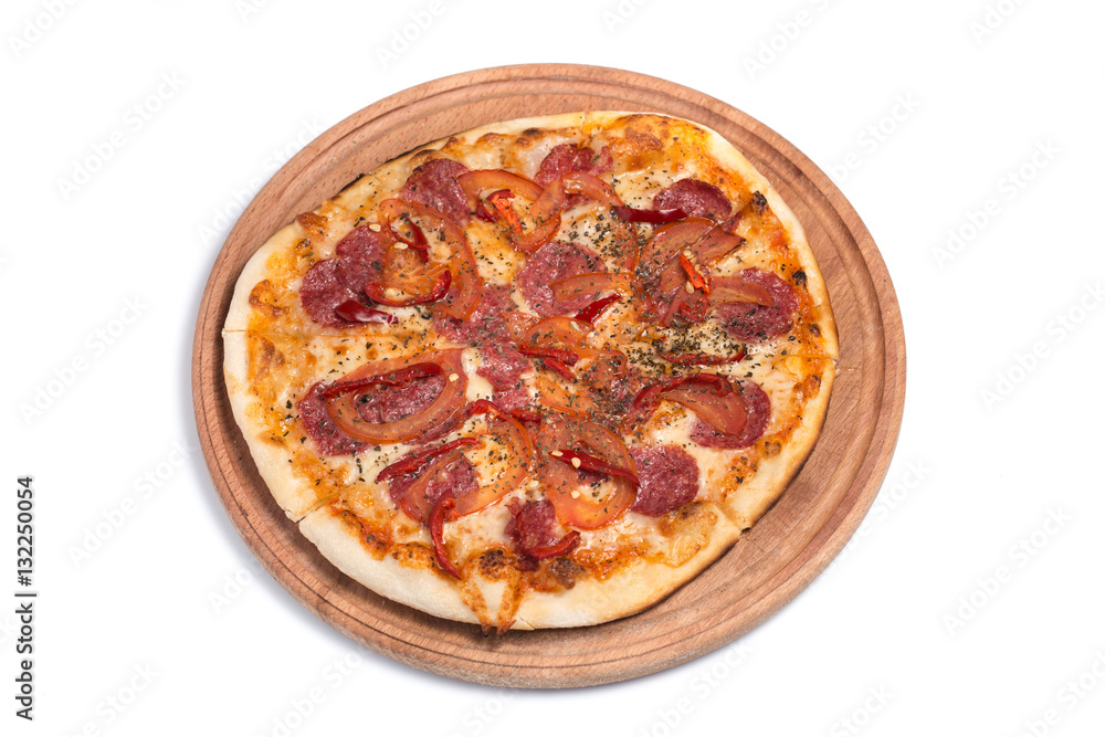 Big appetizing pizza on a wooden tablet