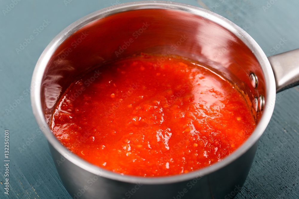 Preparing Tomato Sauce In Metal Pot Preparing Tomato Sauce In Metal Pot