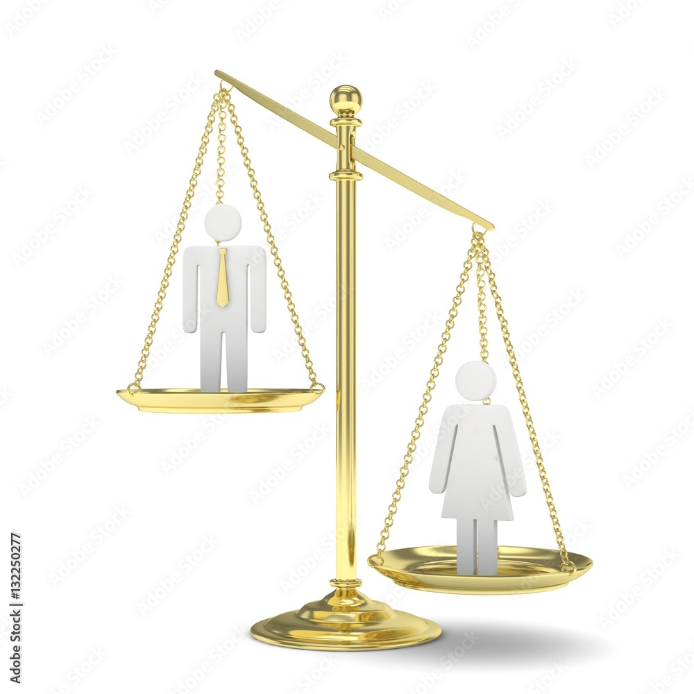 Isolated old fashioned pan scale with man and woman on white background. Gender inequality. Female is heavier. Law issues. Silver model. 3D rendering. Isolated old fashioned pan scale with man and woman on white background. Gender inequality. Female is heavier. Law issues. Silver model. 3D rendering.