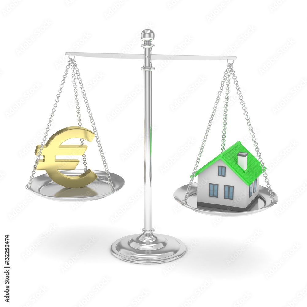 Isolated silver scales with golden euro and house on white background. Investment or savings concept. Real estate and currency. 3D rendering. Isolated silver scales with golden euro and house on white background. Investment or savings concept. Real estate and currency. 3D rendering.