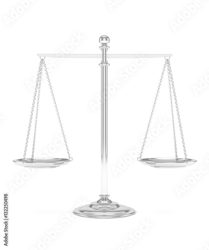 Isolated white silver scales on white background. Symbol of judgement. Law, measurement, liberty in one concept. 3D rendering.