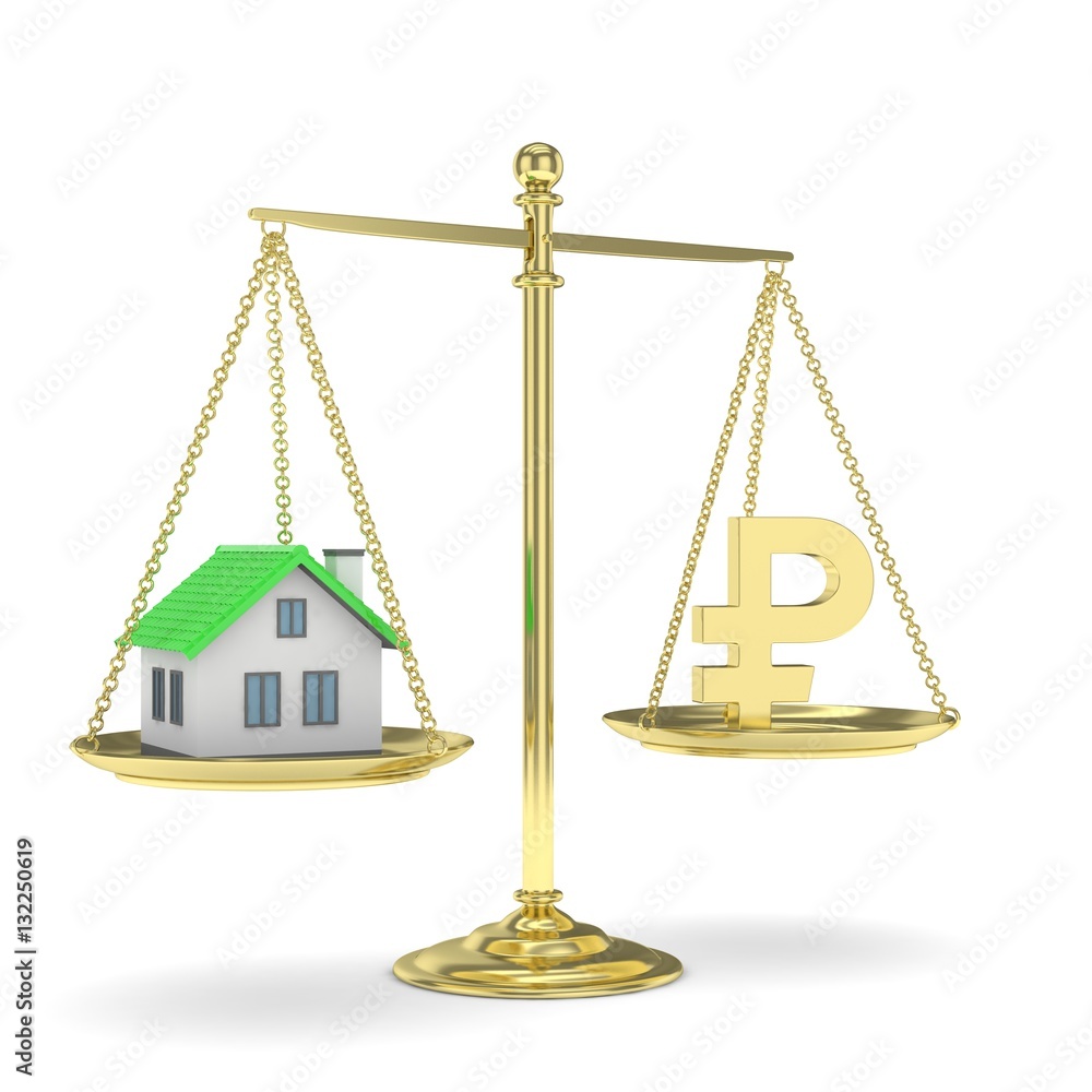 Isolated old fashioned pan scale with ruble and house on white background. Real estate vs russian currency. Affordable house. 3D rendering. Isolated old fashioned pan scale with ruble and house on white background. Real estate vs russian currency. Affordable house. 3D rendering.