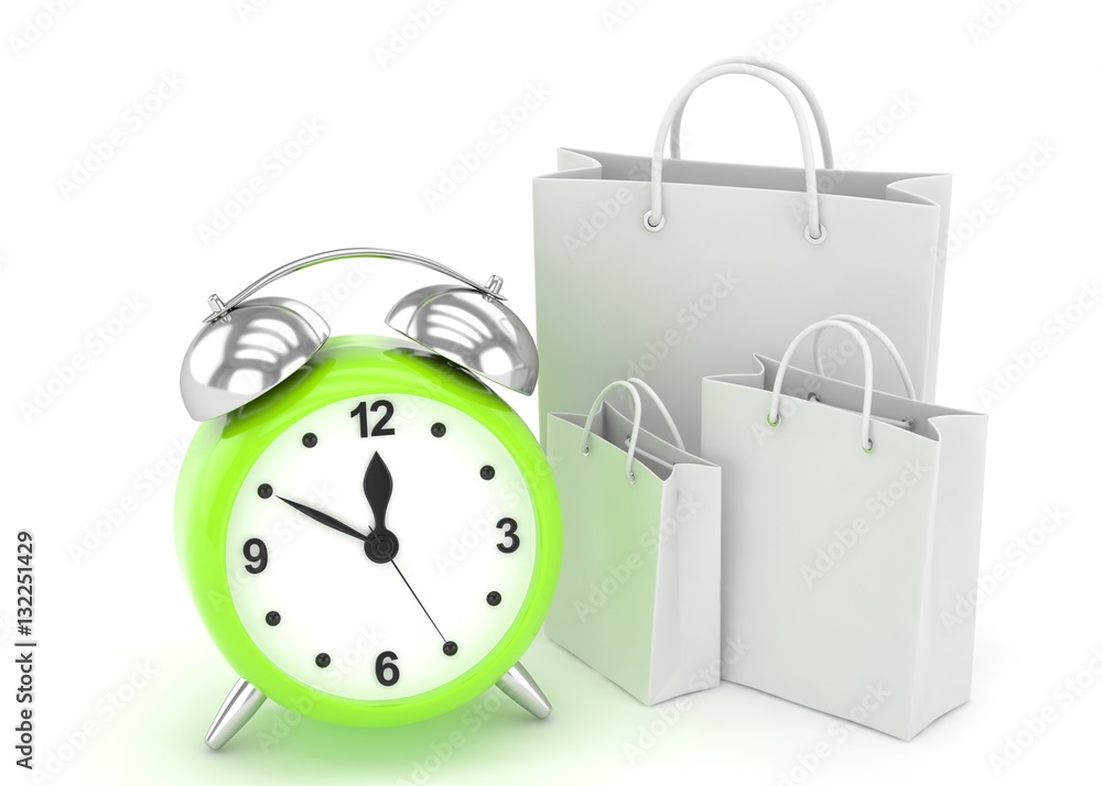 alarm clock and shopping bag (time to buy concept). 3d rendering. alarm clock and shopping bag (time to buy concept). 3d rendering.