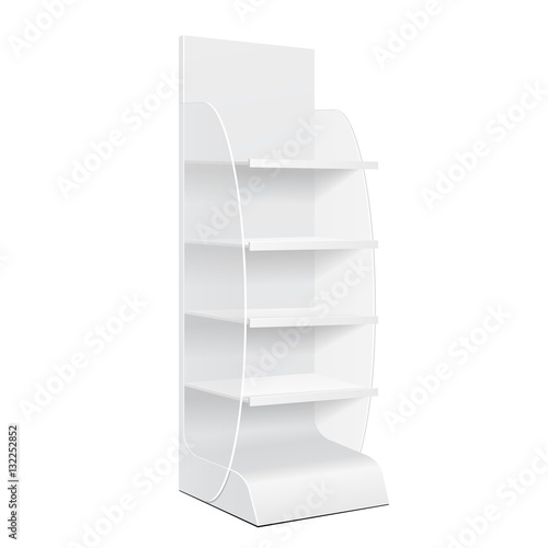 White Cardboard Floor Display Rack For Supermarket Blank Empty Displays With Shelves Products Mock Up. Illustration Isolated On White Background. Ready For Your Design. Product Packing. Vector EPS10