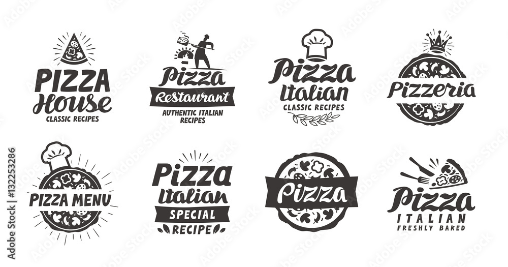 Naklejka premium Pizza set logo, label, element. Pizzeria, restaurant, food icons. Vector illustration