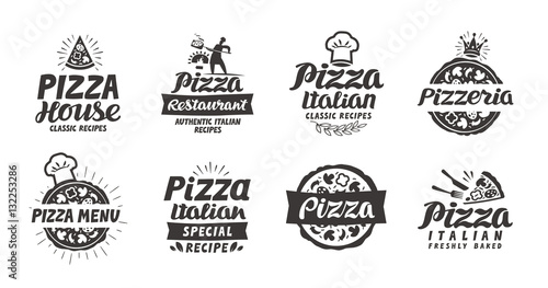 Pizza set logo, label, element. Pizzeria, restaurant, food icons. Vector illustration