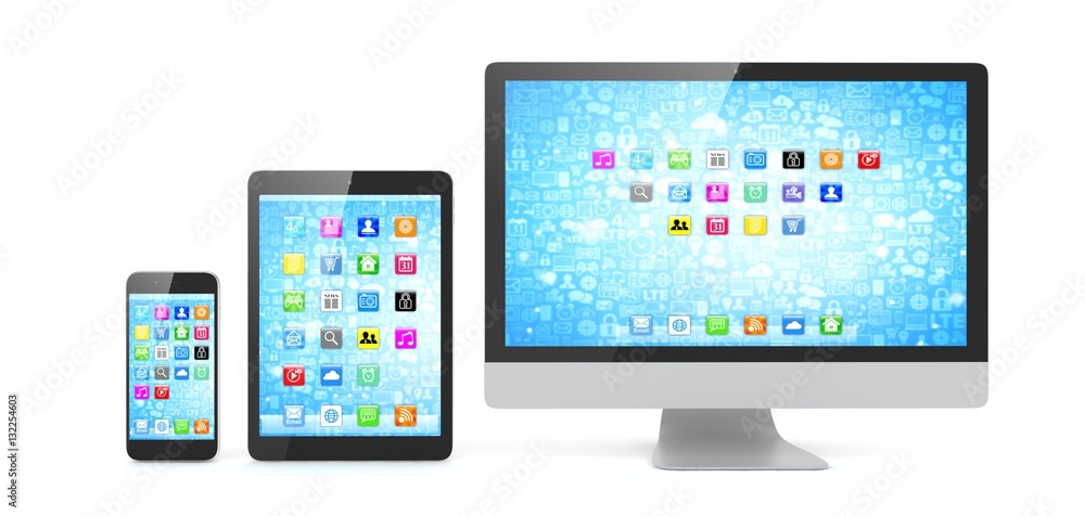 Responsive web design, laptop, smartphone, tablet, computer, display. 3d rendering.