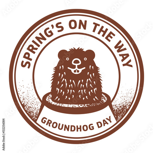 Stamp or sign with cute groundhog, Groundhog Day