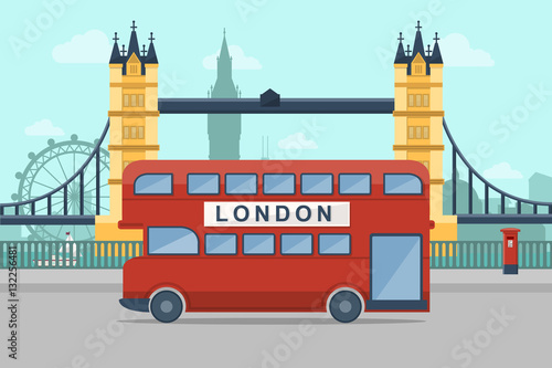 Urban Landscape. Vector illustration of London with famous landmarks. Flat Design Style.